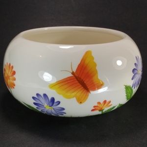 Hand Painted Floral  Flowers Butterfly Planter Pot Bowl Round 6" Orange Purple